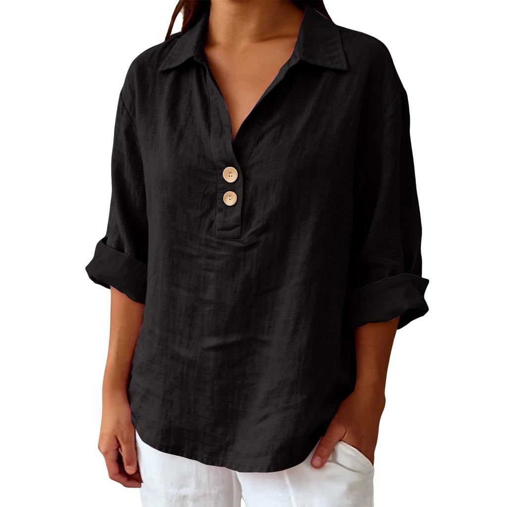 Women's Shirt Seven-Sleeve Lapel Cotton Linen Top Solided Color Casual Breathable Lapel Shirt