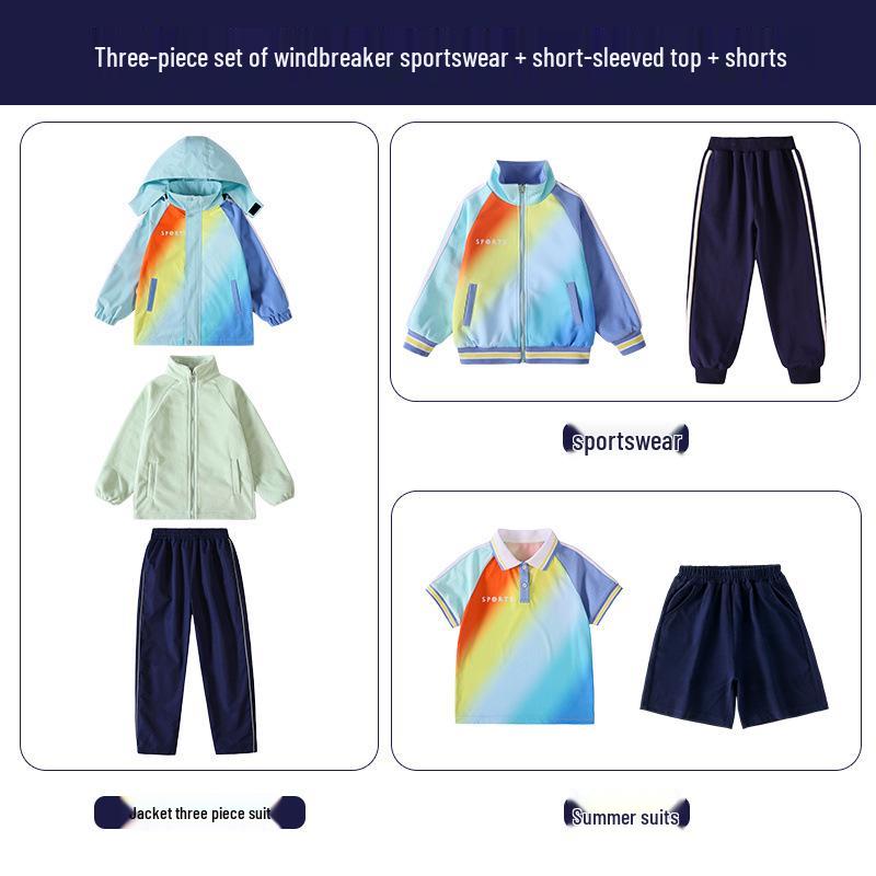 2025 Nowy Styl Wiatrówka Tęczowa Mundurek do Przedszkola i Szkoły Podstawowej: 3-częściowy lub 5-częściowy zestaw dresowy