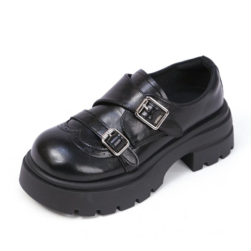 Spring New Fashion Metal Buckle Design Women's High Heels Thick-Soled Comfortable Loafers Retro Solid Color Casual Shoes