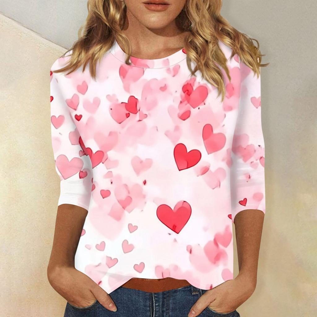 Damenmode Lässiges T-Shirt mit Rundhalsausschnitt und Dreiviertelärmeln zum Valentinstag mit Liebesherz-Aufdruck