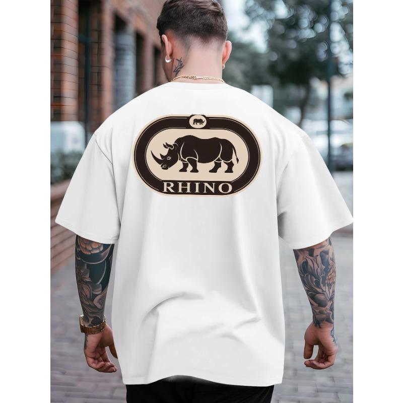 European Size Rhino Logo Summer Outdoor Sports And Casual Oversized Short-Sleeve Tees, Trendy Men'S Fashion Prints, Relaxed Fit Base Shirts