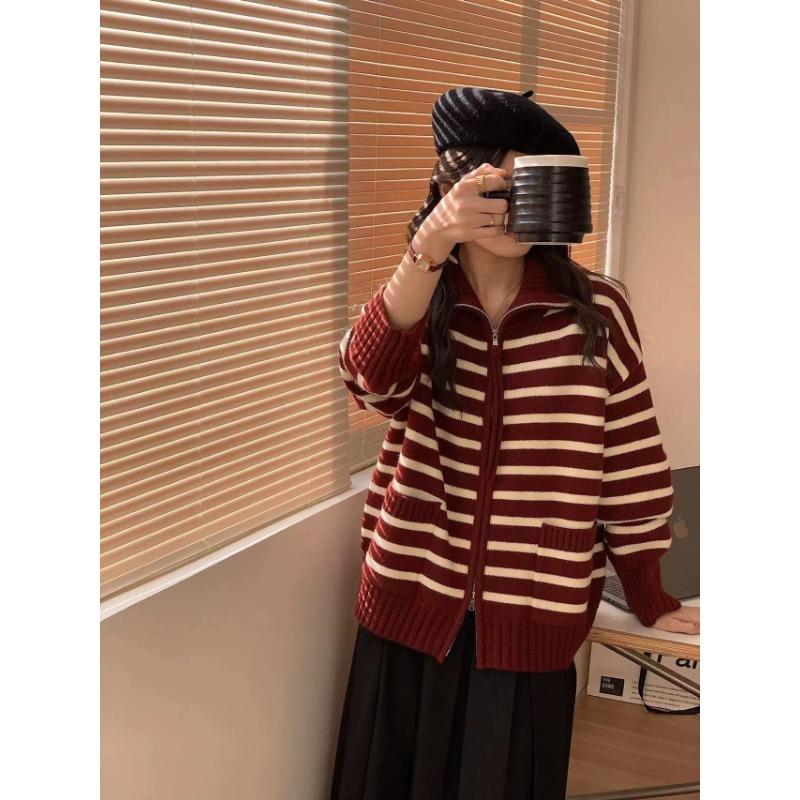 

Ретро кардиган на молнии с полосками на лацканах, женский осенне-зимний новый свободный универсальный тонкий свитер-куртка Average size красный