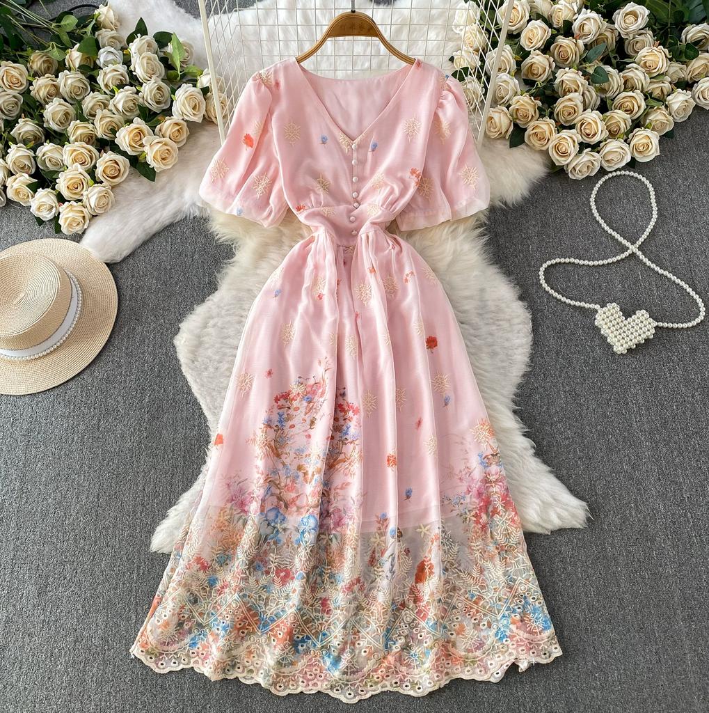 Summer Vintage Hollow Out Embroidered Midi Dress Women's V-neck Short Sleeve Elastic Waist Slim Long Dress