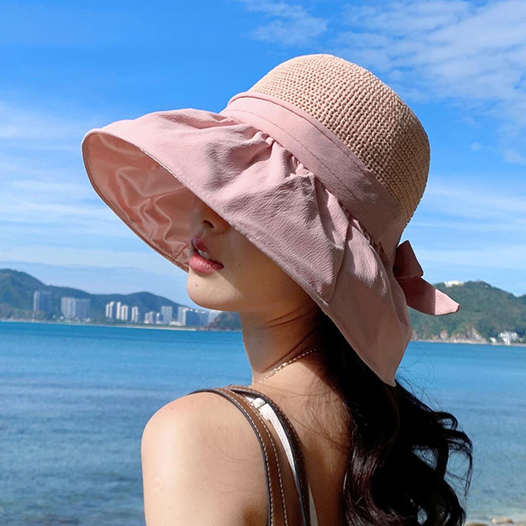 Women's Big Brim Sunscreen Breathable Sun Visor Bucket Hat with Sweet Bowknot