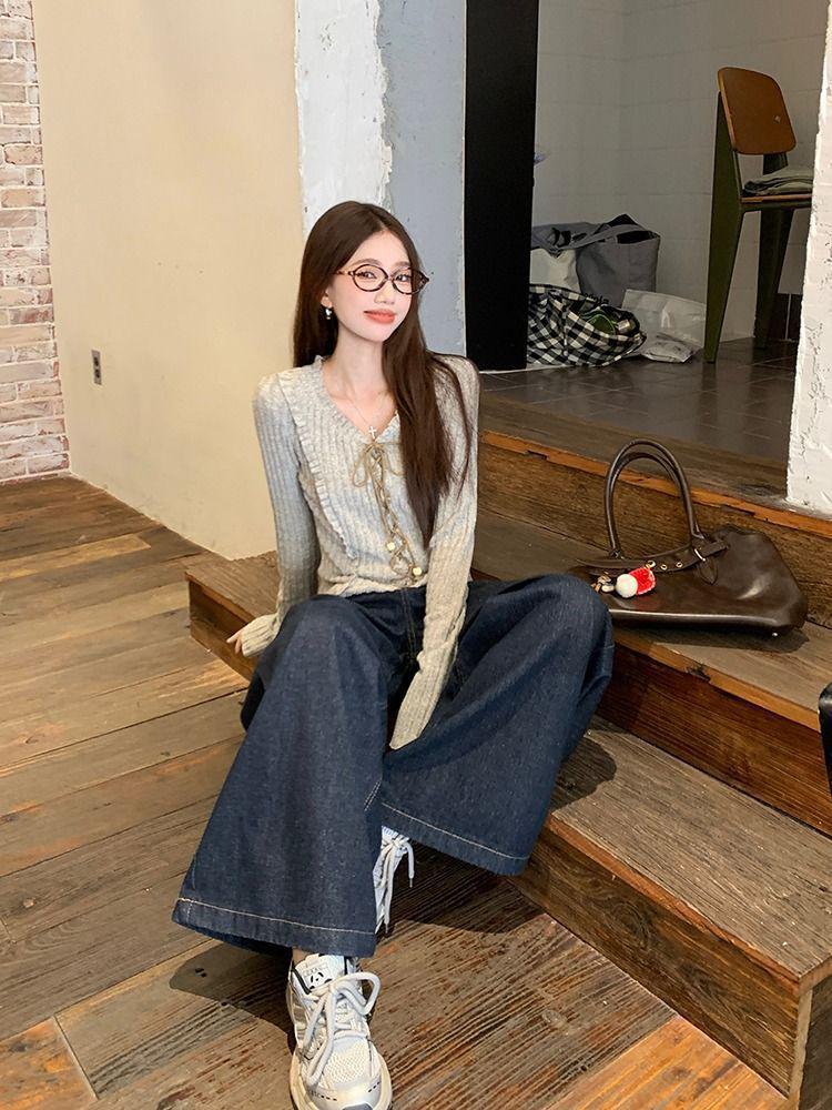 Women's Retro Tie-Up Design Long-Sleeve Textured Cropped T-Shirt for Autumn/Winter