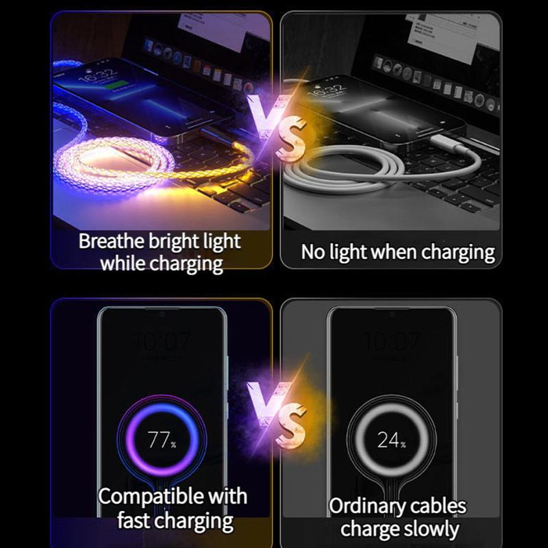 Glowing LED Light Cable 3 in 1 Fast Charging Cord Type C Micro USB For iphone Samsung Xiaomi Huawei Mobile Phone Charger Cable