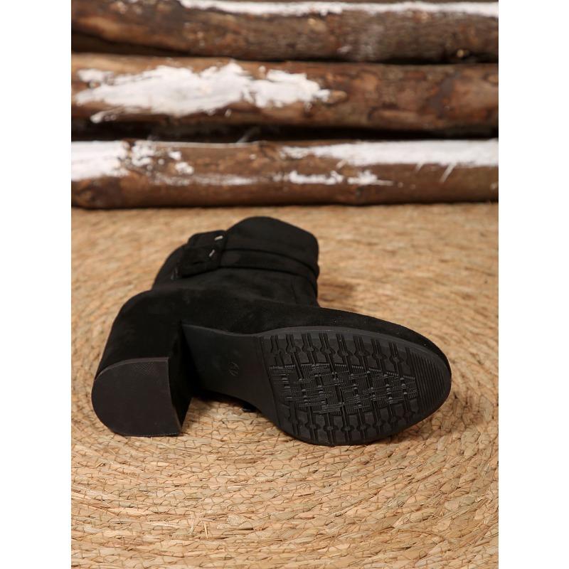 Belt Buckle High-heeled Fashion Boots 2025 Winter New Suede Block-heeled Booties