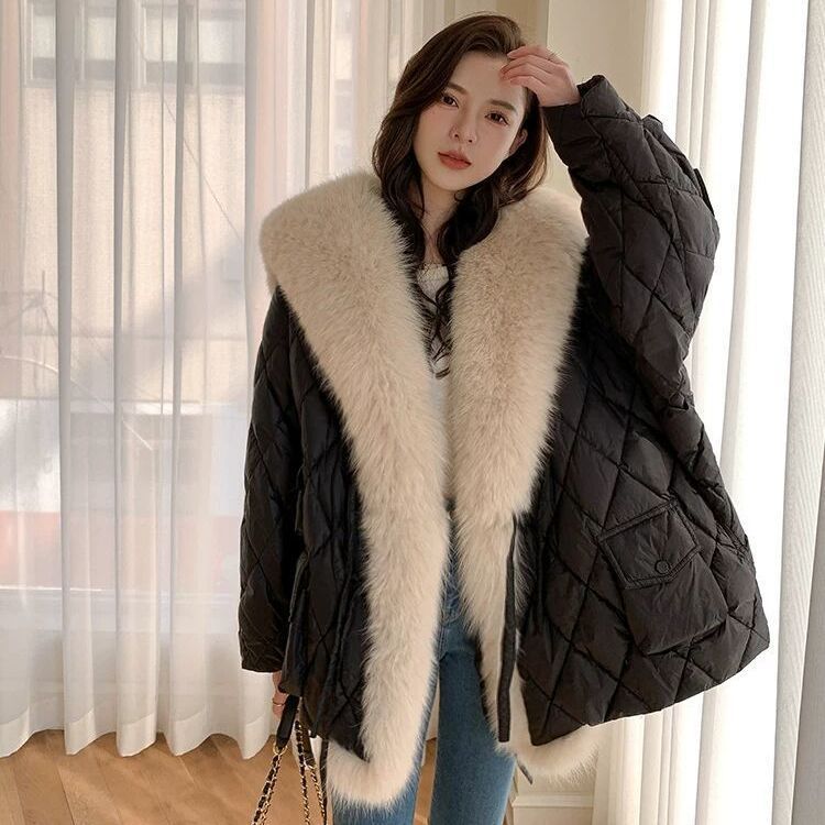 Winter Imitation Fox Fur Collar Down Cotton Jacket Women's Fur Jacket Women's Warm Mid-length