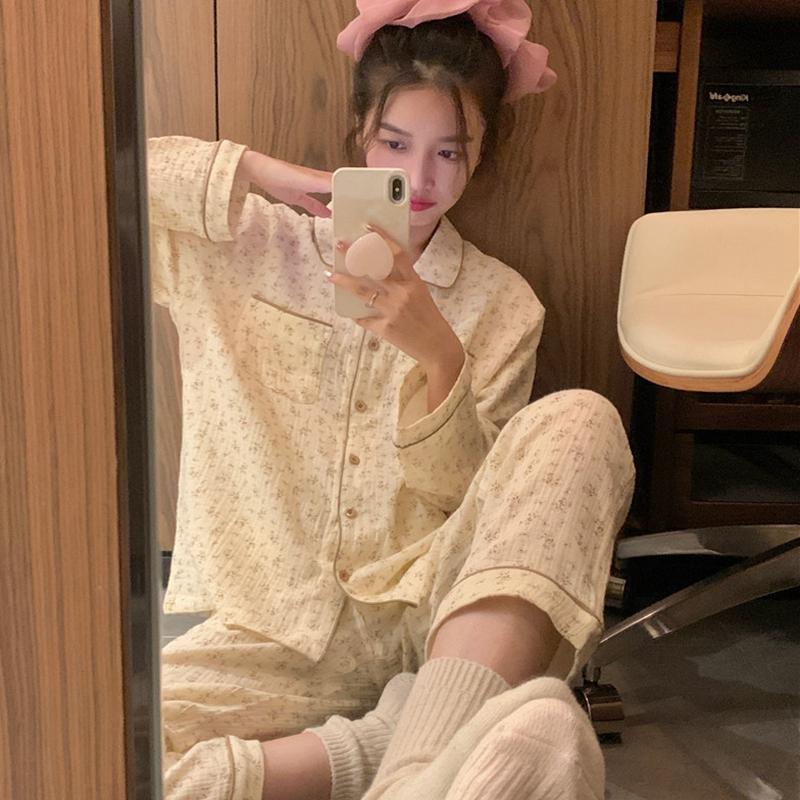 Women's Pajamas Autumn Spring Long Sleeve Soft Sleepwear Set Striped Cartoon Pyjama Woman Home Nightwear Set Cardigan