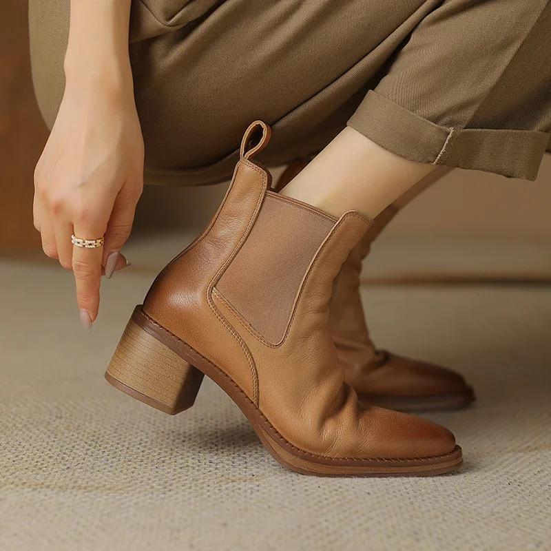 

Fashion 2024 Hot Sale Women Boots Ankle Boots Genuine Leather Shoes for Women Chelsea Short Boots Chunky Heel Ladies Women Shoes 40 жёлтый