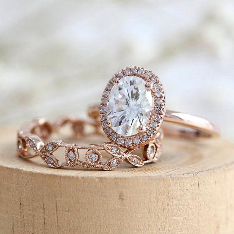 Sale Ladies Fashion 2pcs /Set Rose Gold Color Oval Zircon Inlaid Crystal Ring For Wedding Jewelry Whole Sale
