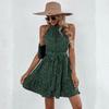 Women Autumn Winter Sleeveless Dot Print Halter Casual A-Line Mini-Length High Waist Ruffled Edges Dress