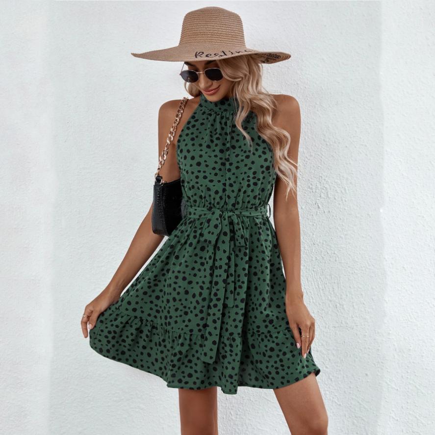 Women Autumn Winter Sleeveless Dot Print Halter Casual A-Line Mini-Length High Waist Ruffled Edges Dress