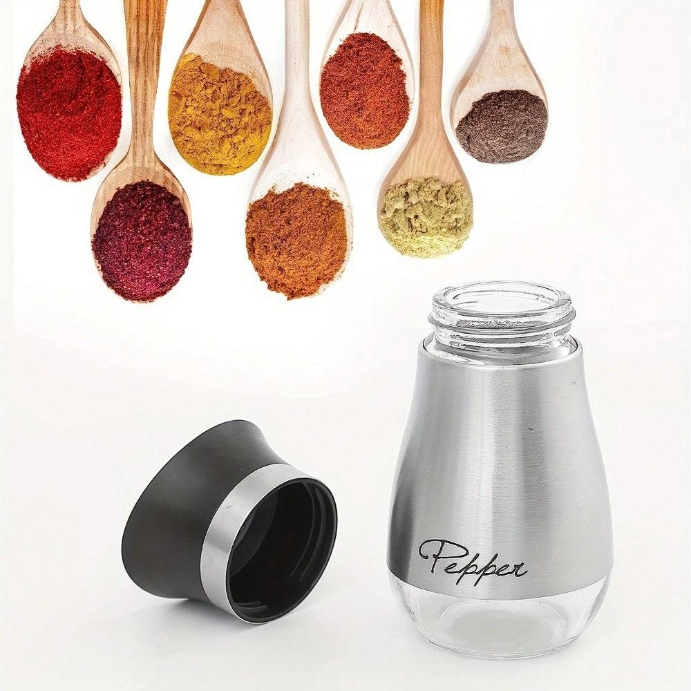 1 Salt/Pepper Shaker 4 Oz Glass Bottom Salt Stainless Steel Lid Kitchen Gadgets Cooking Table Camping BBQ Refillable Design Gift