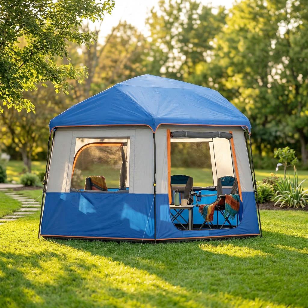 Cabin Tent Easy Setup 3000mm Waterproof Camping Tent 4 Person with Carrying Bag Blue
