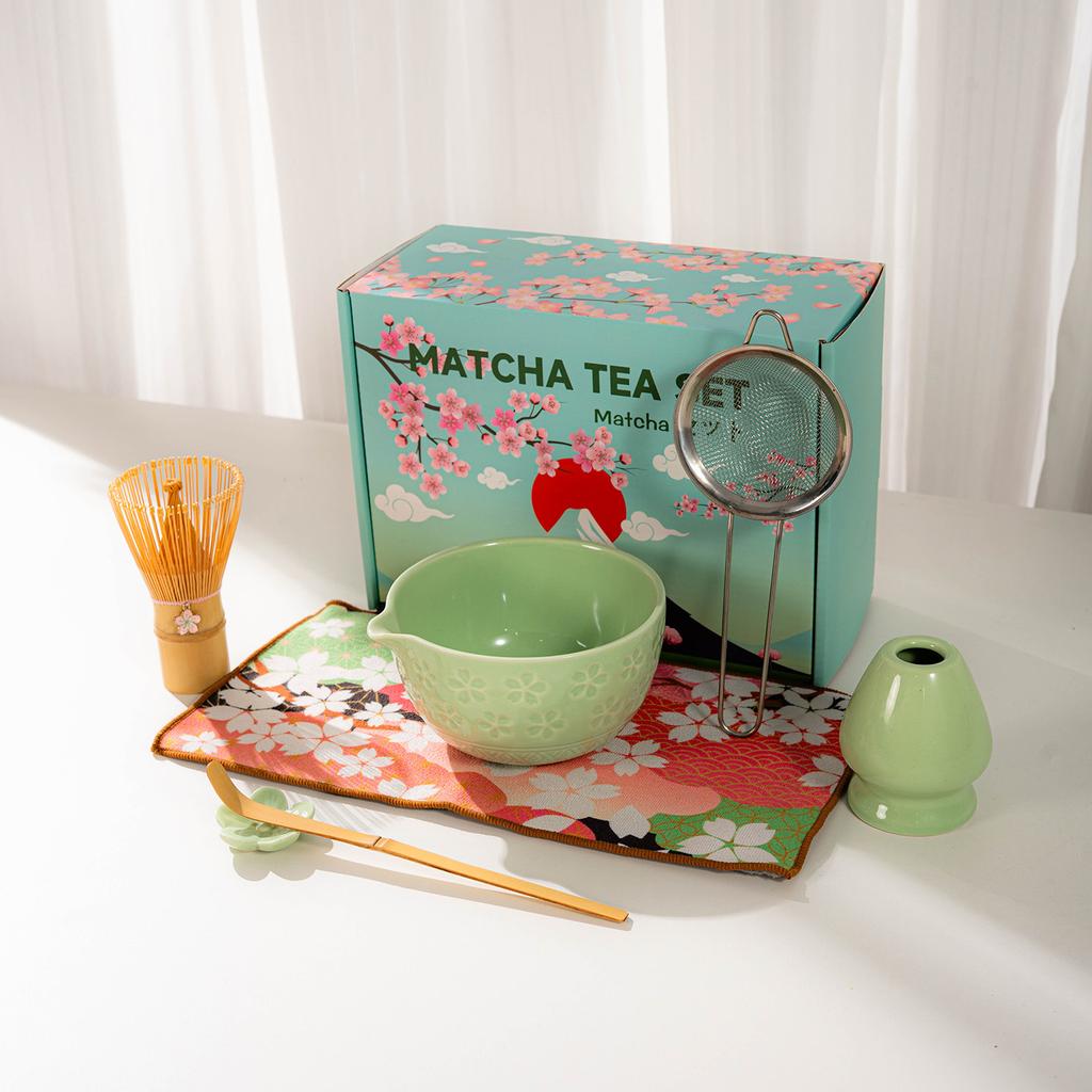Japanese Matcha Tea Set With Cherry Blossom Pattern, Bamboo Whisk, Ceramic Matcha Bowl, Matcha Making Kit, Tea Utensils Set Gift