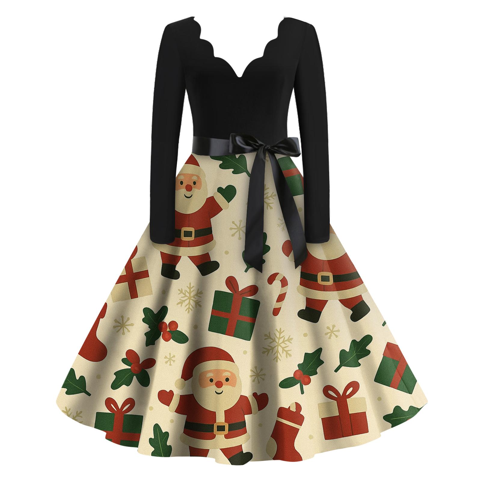 

Women s Casual Fashion Christmas Holiday Print V-neck Vintage Dress L