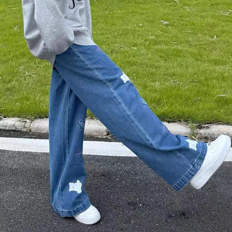Vintage Bear Patch Embroidered Wide-leg Jeans for Women In Autumn and Winter New Style Loose Slim Straight Floor Trousers