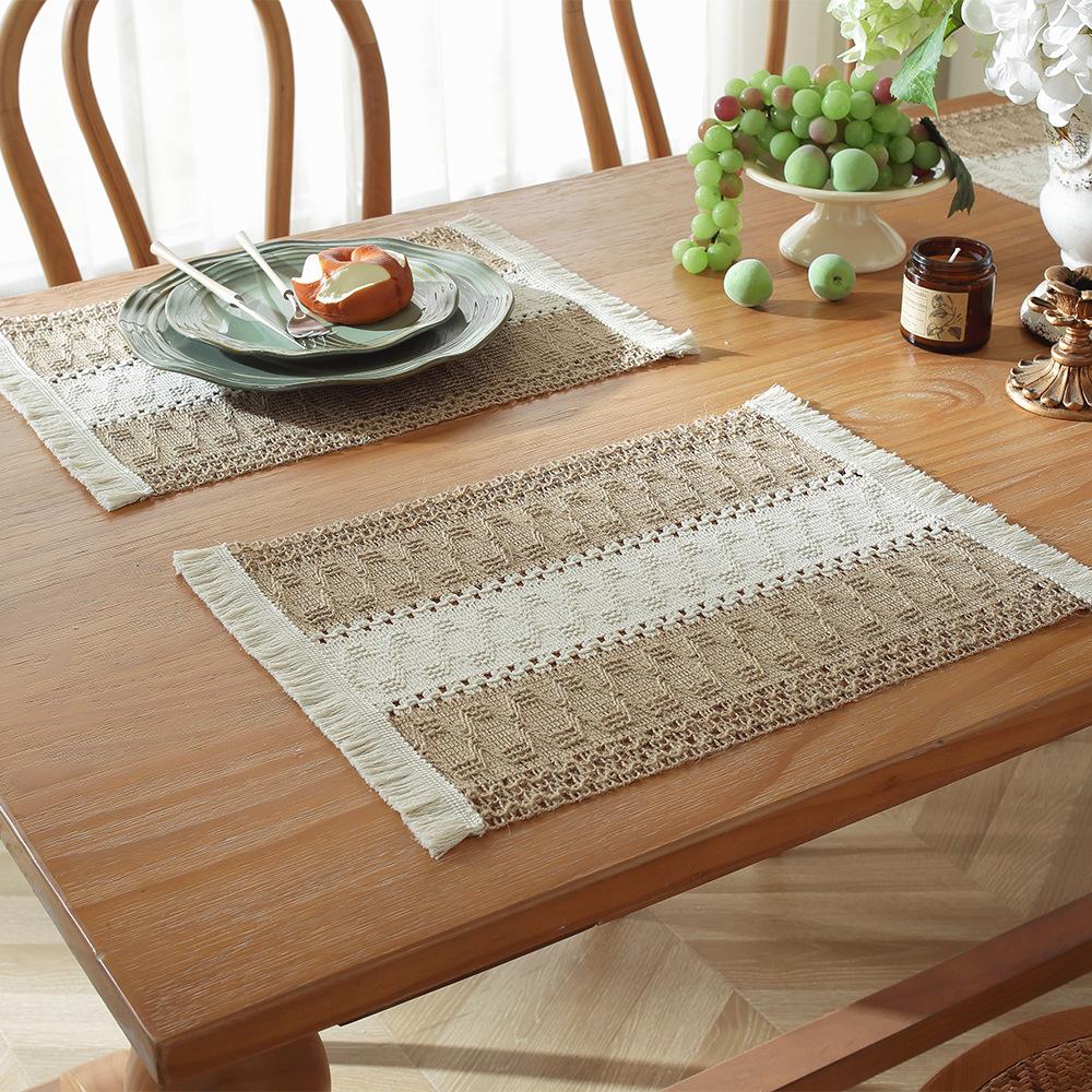 1Pc Woven Colorblock Striped Tassel Cotton Linen Rope Placemat for Holiday Home Party Tabletop Decoration