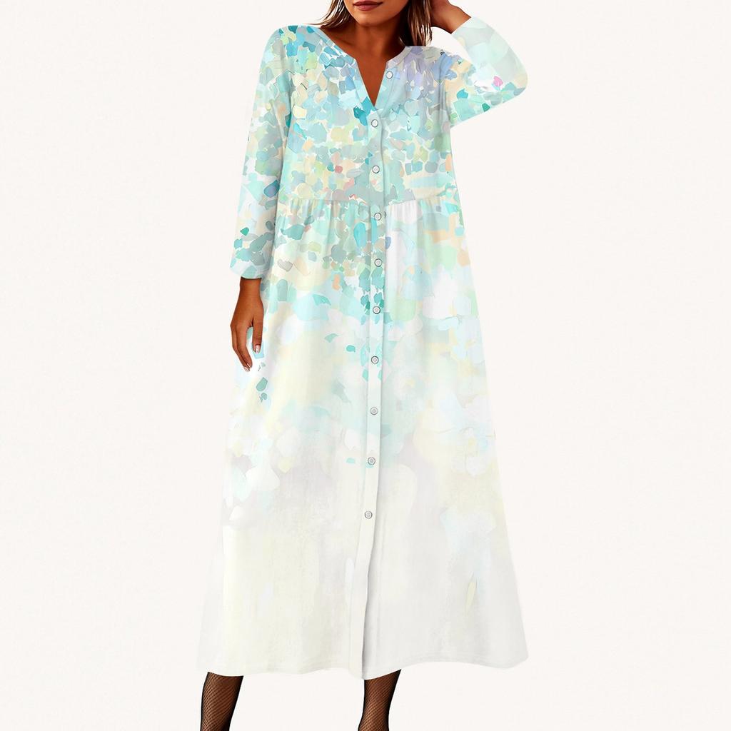 Women's Fashionable Printed Round Neck Seven Quarter Sleeve Button Loose Shirt Dress
