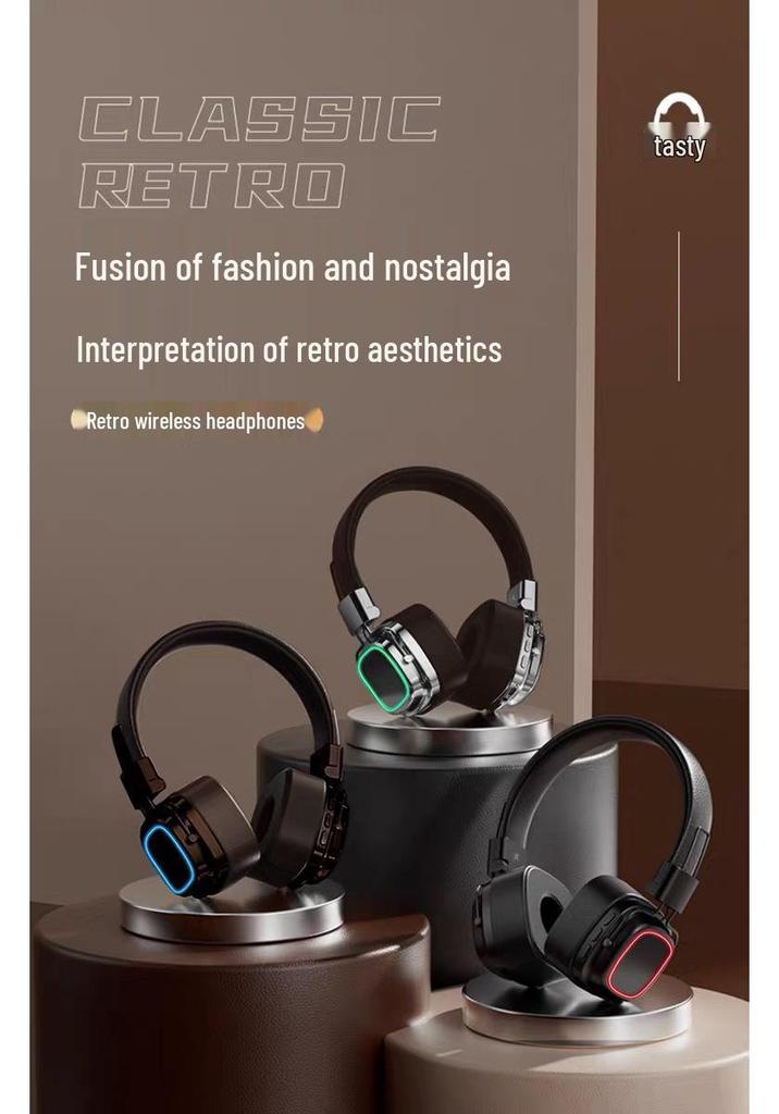 Retro Wireless Bluetooth Headband Earphones with Mini Card Slot, Heavy Bass, Noise Cancelling, and Gaming Support.