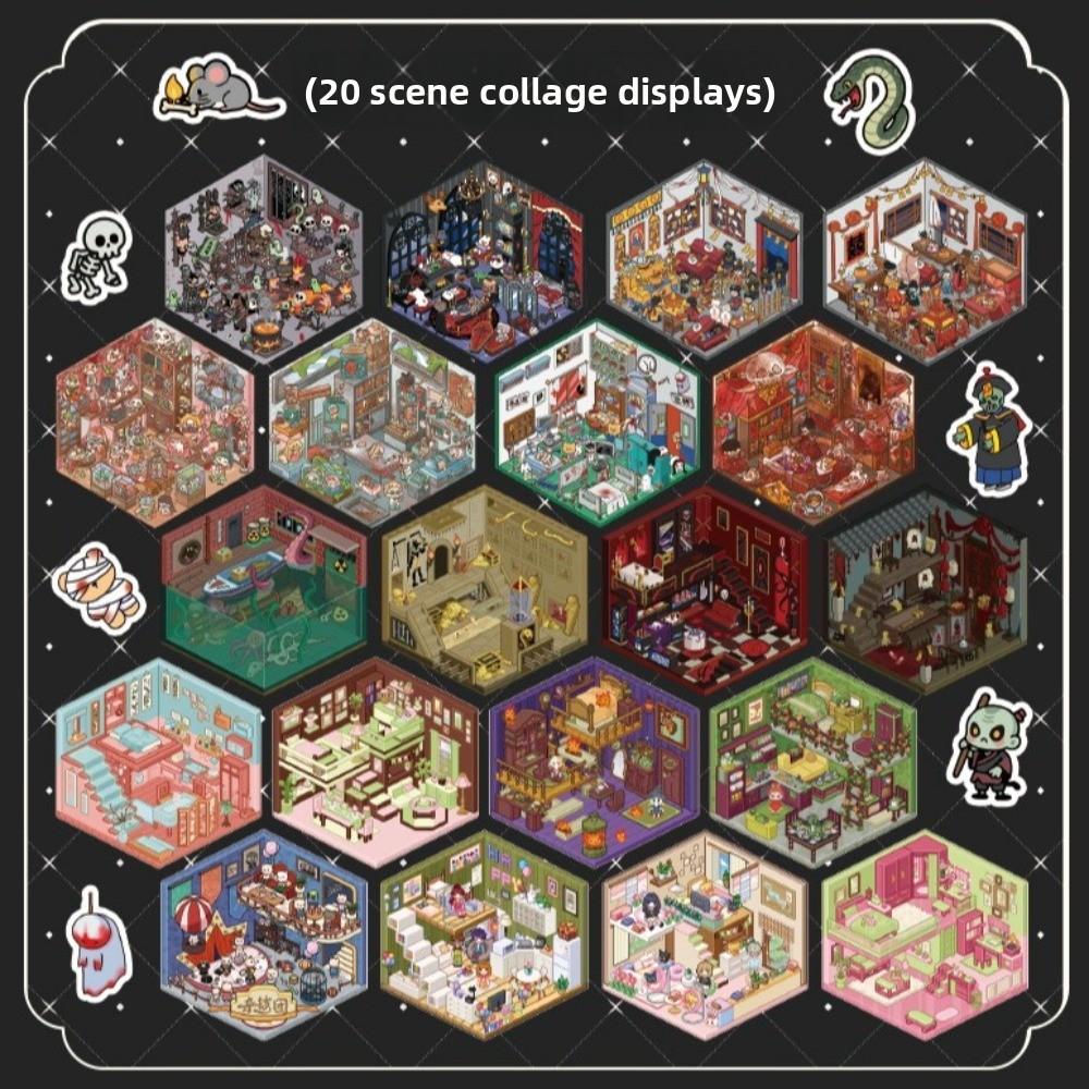 Horror Theme Cabin Scene Stickers PET Pocket Toy Game Book Visual Stacking Sticker Creative Play