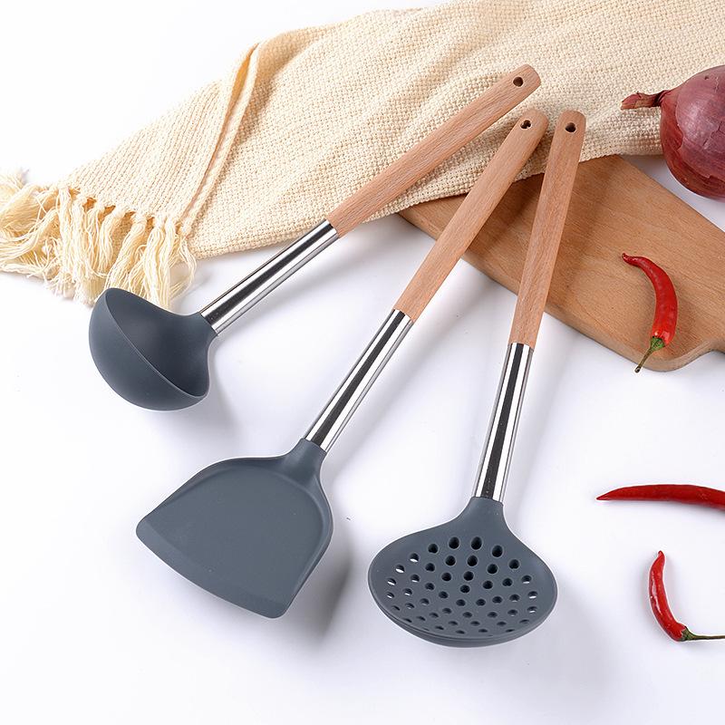 Silicone Kitchenware Set: Non-stick Spatula, Soup Ladle, Slotted Spoon with Wooden Handles - Heat Resistant, 3-piece Set.