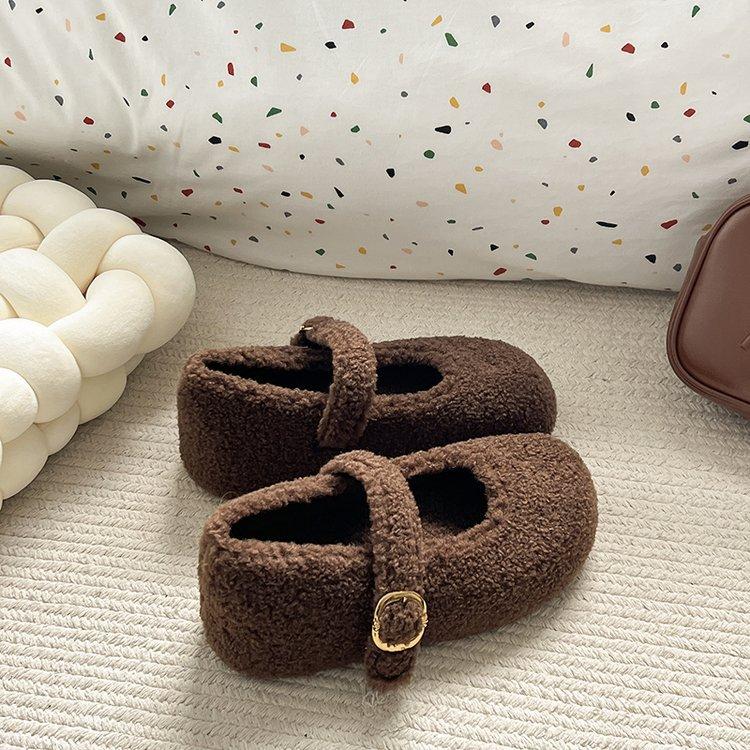 thick-soled white plush shoes women's shoes wear 2025 new autumn and winter Mary Jane single shoes plush cotton shoes women