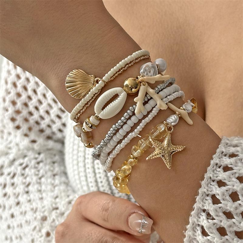 Imitation Pearl Coral Starfish Shell Seed Bead Bracelet Stacking Jewelry Fashion Beach Style Vacation Gift Daily Accessory