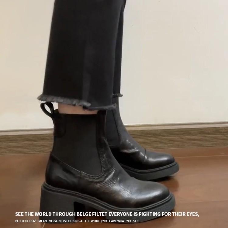 Washed Cowhide~ Elastic Skinny Boots Platform Chelsea Boots British High Heel Martin Boots Thick Heel Short Boots Women