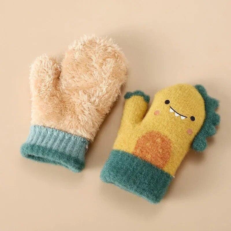 Cartoon Dinosaurier Baby Handschuhe Warme Herbst Winter Kinder Mädchen Junge Voller Finger Handschuhe Gestrickte Dicke Outdoor Kinder Kleinkind Fäustlinge