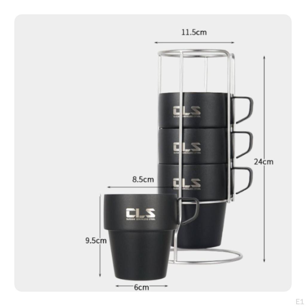 4 Pieces Stainless Steel Mug Set Matte Black Insulated DoubleLayer Camping Mugs 300 Ml Rack
