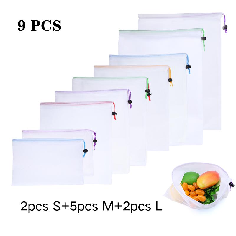 3/9/15pcs Fruit Vegetable Storage Mesh Bags Reusable Net Bags Kitchen Food Organizer Washable Toys Grocery Storage Packaging Bag
