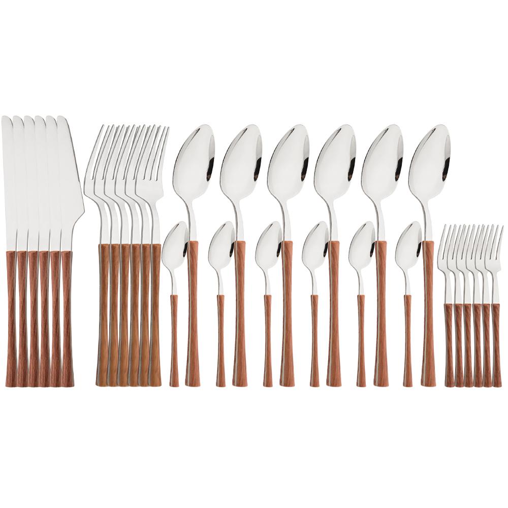 

Western 30Pcs Imitation Wood Handle Cutlery Knife Cake Fork Tea Spoon Flatware Set Brown Silver Stainless Steel Tableware Set 30Pcs Brown Silver