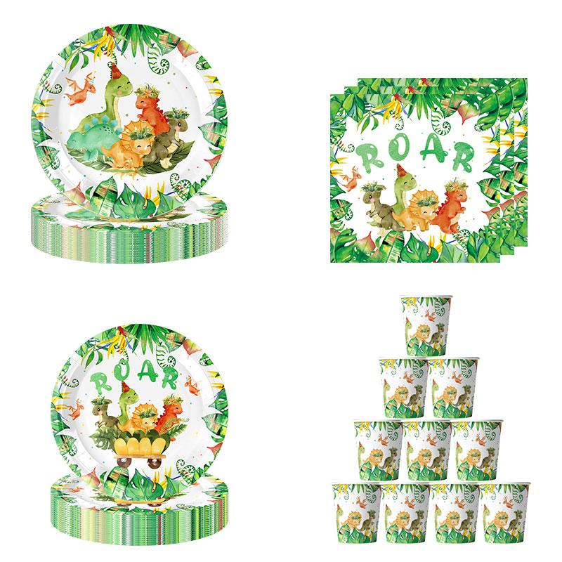 Dinosaur Birthday Decoration Party Supplies Set Cup Plate Tablecloth Dinosaur Balloons Happy Banner Cake Topper for Kids Favors
