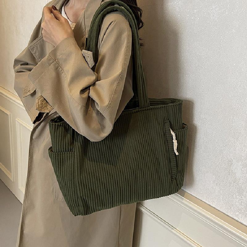 Simple Solid Color Large Capacity Women Corduroy Shoulder Tote Bag For Daily Use