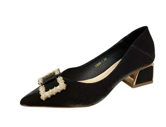 Fashion Women's Spring and Summer New Pointy High Heels Metal Buckle Wine Red Light Mouth Thick Wedding Shoes