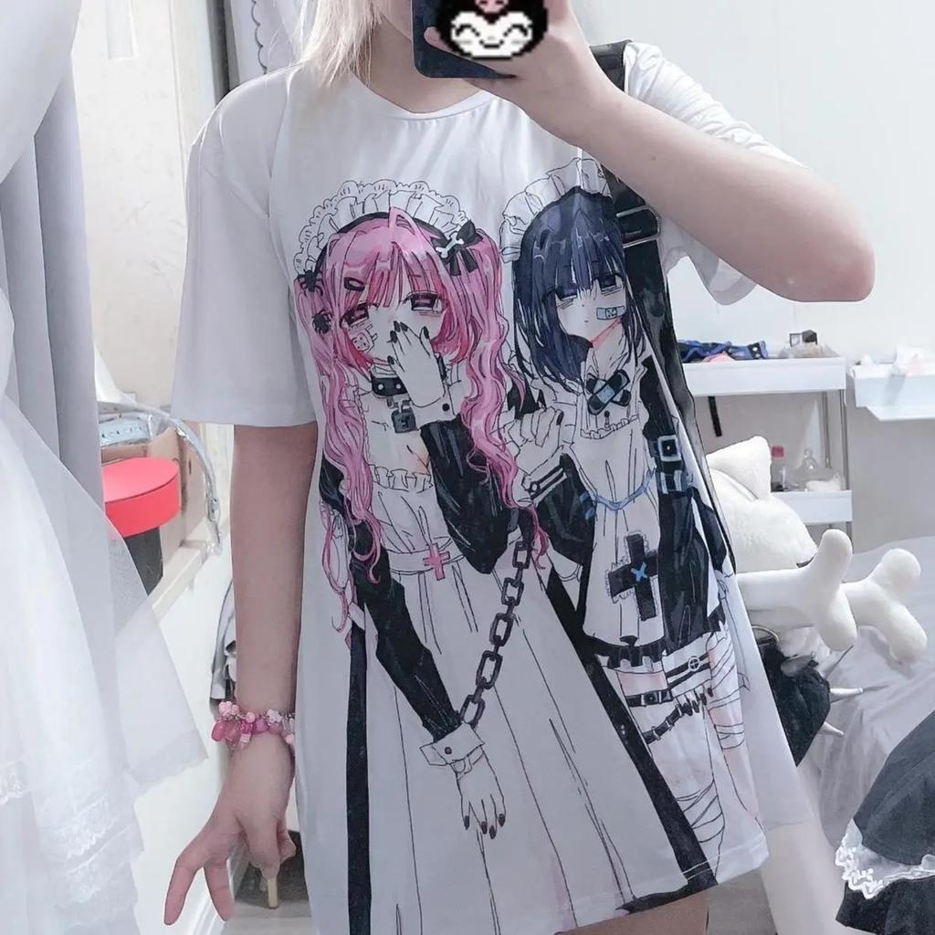 TrendHub Y2k Aesthetic Cute Cartoon Print Round Neck Short-sleeved T-shirt Women Casual Loose Top Japanese Kawaii Tees