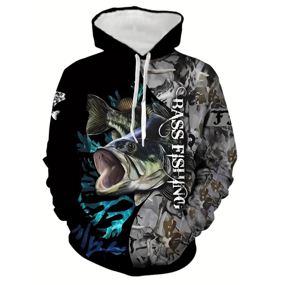 Fashion Fishing Pattern Print Hoodies for Man Autumn Winter Outdoor Loose Enthusiast Long Sleeve with Pockets Men's Sweatshirt