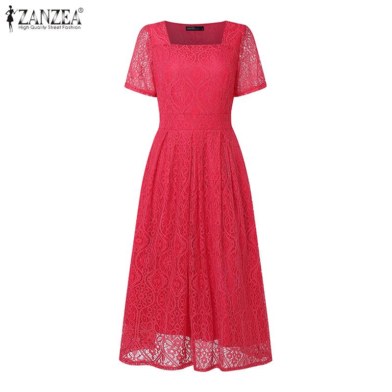 ZANZEA Elegante Spitze Damen Casual Quadratkragen Kurzarm Langes Kleid