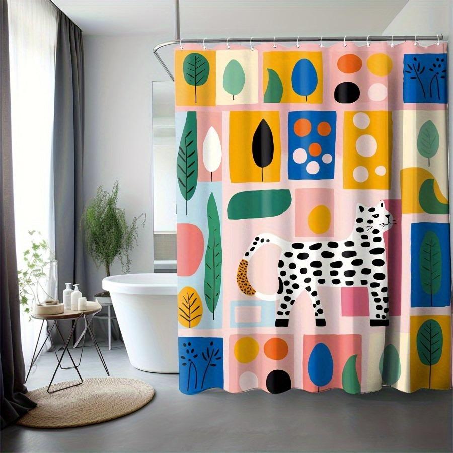 Colored Leopard-Patterned Plants Shower Curtain Washable Dirt-Resistant Shower Head Waterproof Polyester Bath Curtain