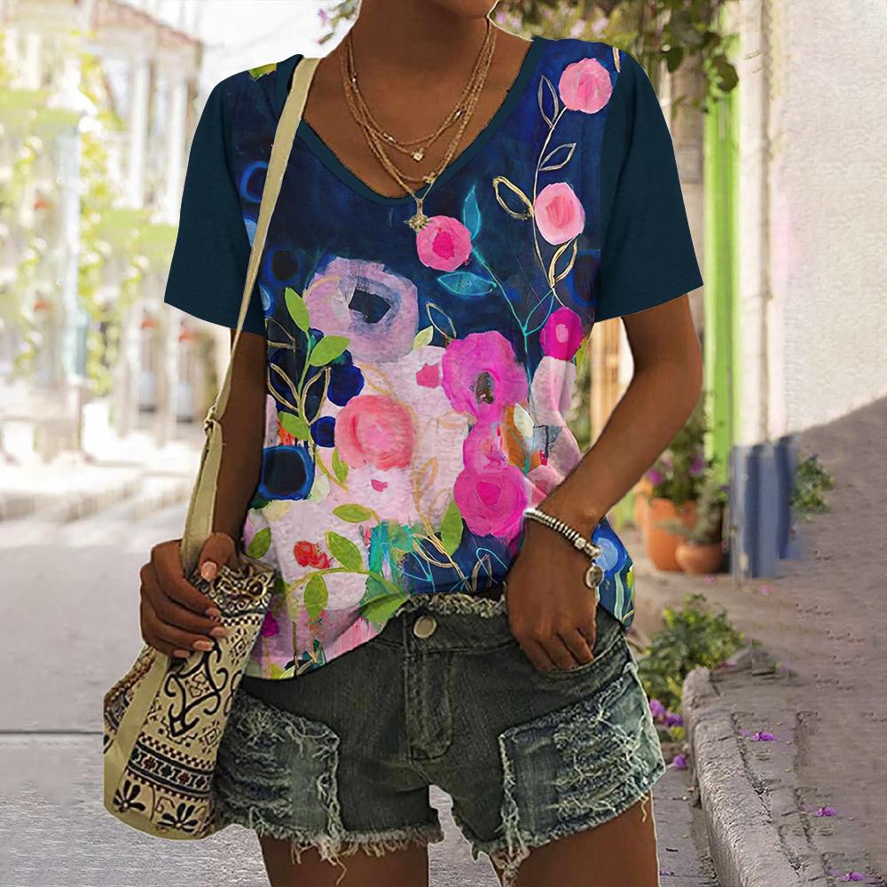 Summer V-neck 3D Printed Colorful Floral Graphics Top Fashionable Casual Short Sleeved Women's T-shirts