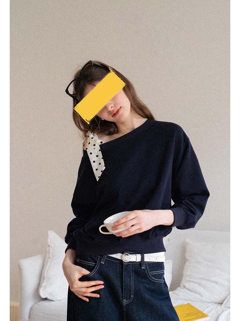 

Autumn Polka Dot One-Shoulder Lace-Up Hoodie: Women s Slimming Blue Long Sleeve Top with High-End Elegance Double XL