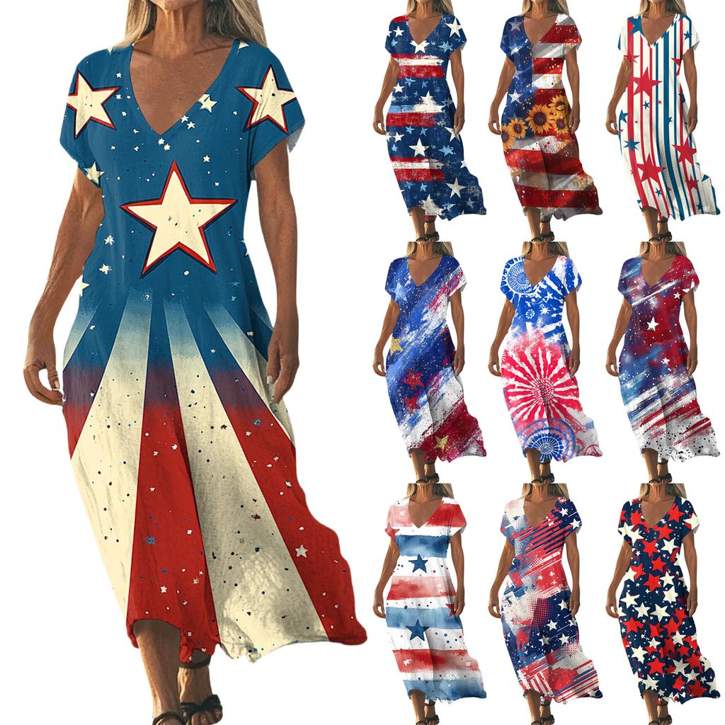 Women’s V Neck Short Sleeve Maxi Dress with Abstract Tie Dye Print Loose Fit Summer Beachwear for Casual Daily Wear