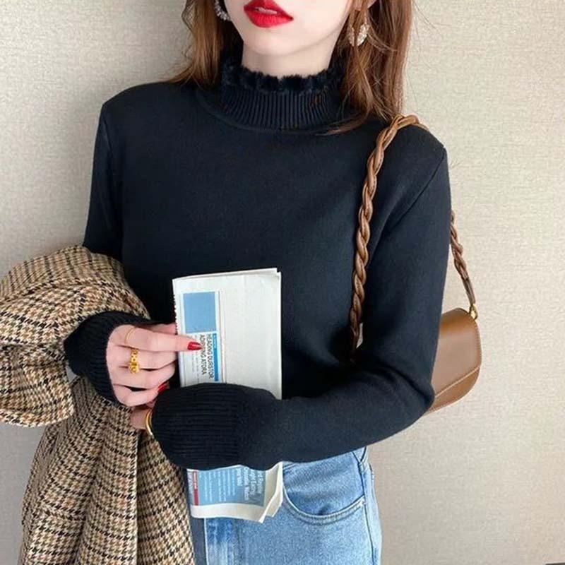 Women Winter Warm Slim Thicken Plush Sweater Velvet Lined Half Turtleneck Knit Pullover Jumper Soft Knitwear