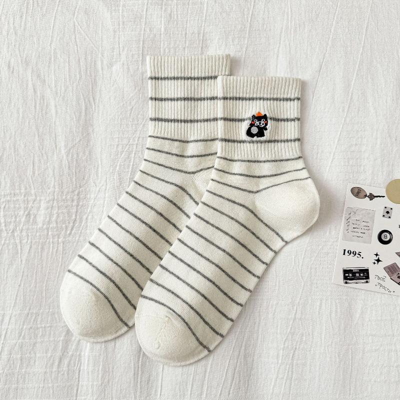 Ladies' Spring and Autumn Cartoon Embroidered Mid-calf Socks, Trendy and Versatile Striped Women's Socks, School Style