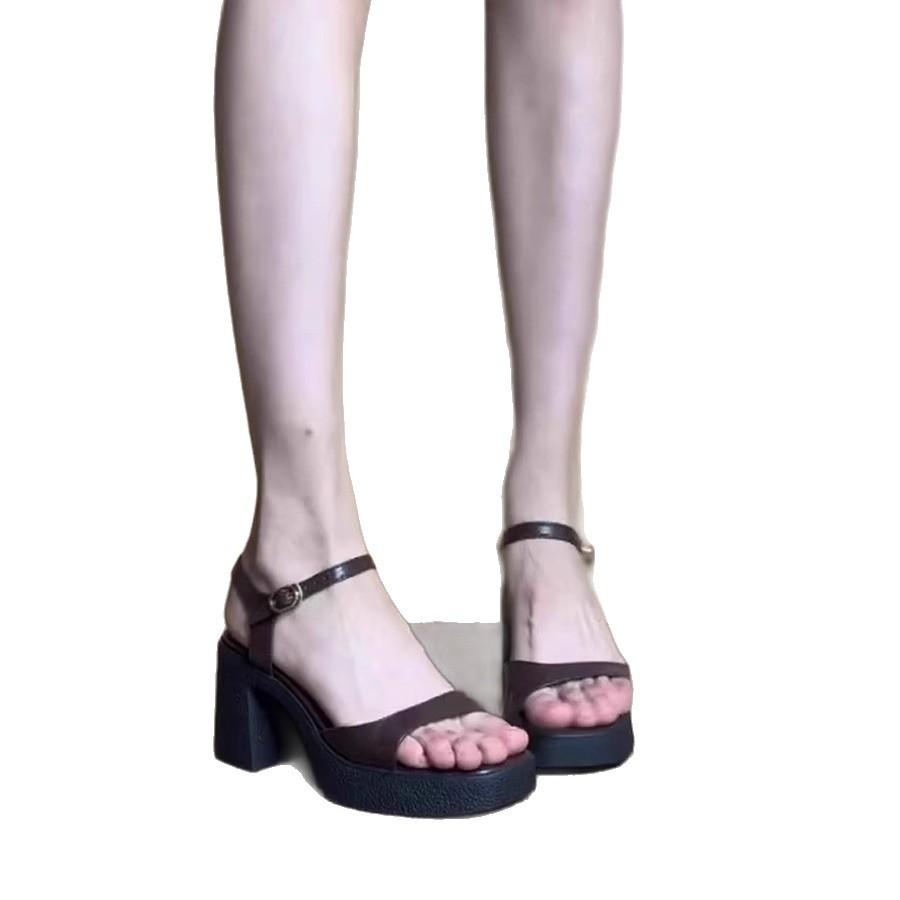 Sheepskin version retro waterproof table high-heeled sandals one-word buckle temperament small thick-heeled high-heeled shoes women