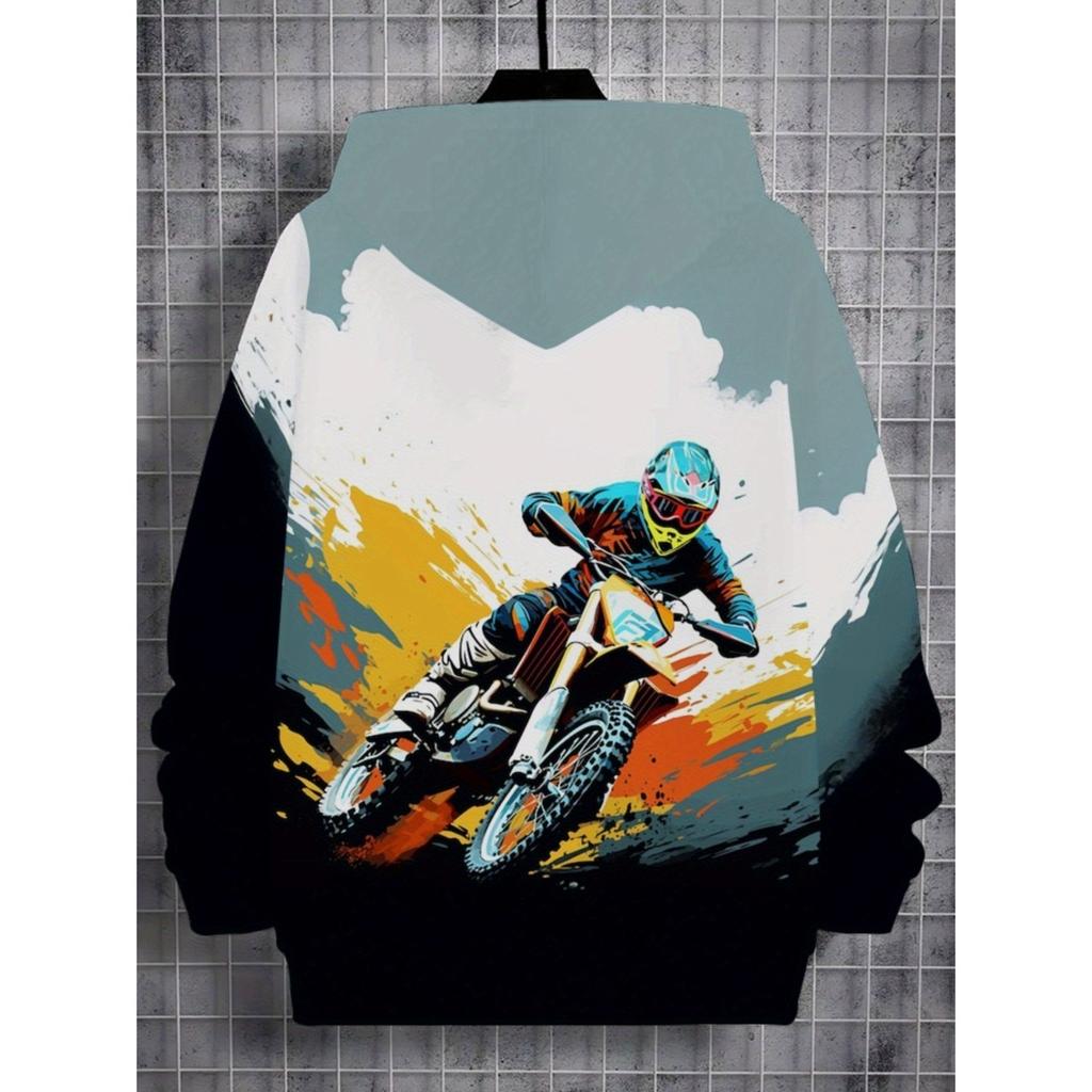 Boys' Motorcycle Hoodie, Ideal Gift for Young Riders, Dynamic Print Design, Sports Enthusiasts
