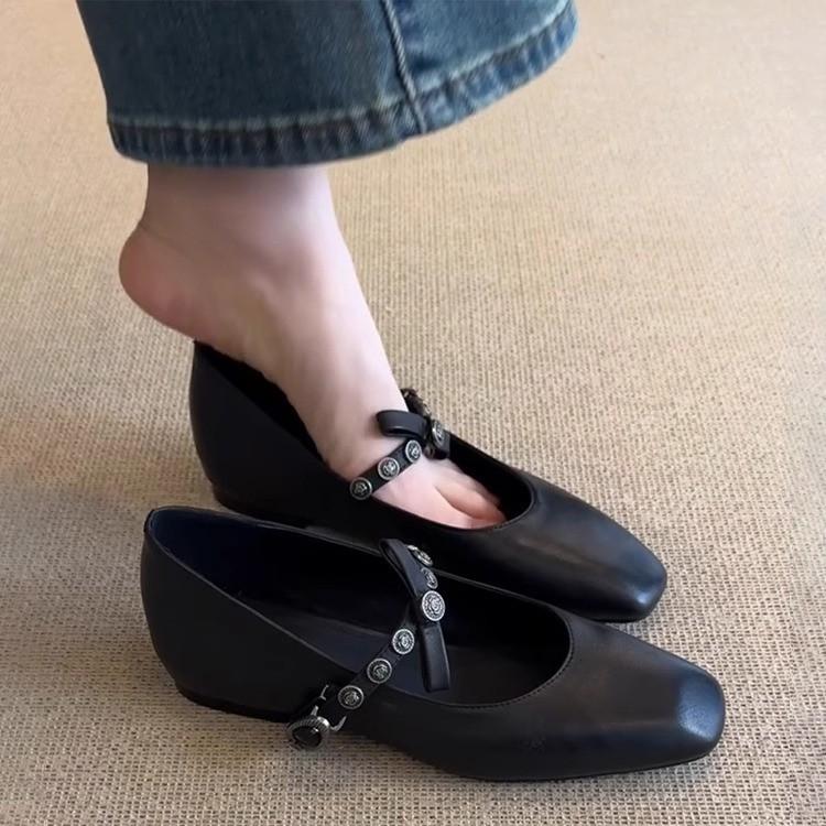 Super Soft Lambskin French Single Shoes Women's Flat Bow Light Mouth Ballet Shoes Small Square Head Retro Mary Jane Shoes