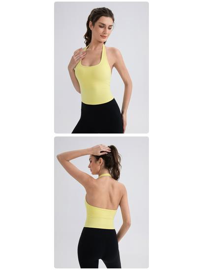 Damski Top Sportowy do Jogi z Dekoltem na Szyi i Wkładkami - Nude, Seksowny Tył Styl 52167
